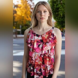 TROPICAL ESCAPE Floral Ruffle Women's BIKINI Top - Pink and Red